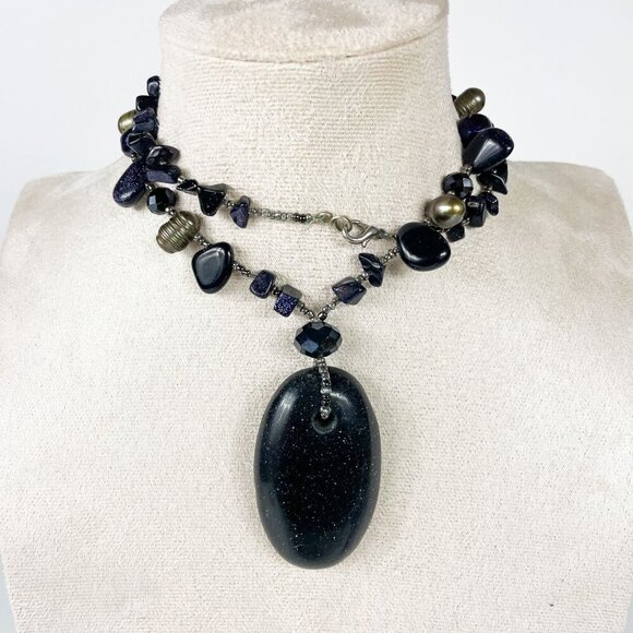 Blue Goldstone Pendant Necklace Pearls Gemstone Chunks Beads Artisan - Picture 2 of 5